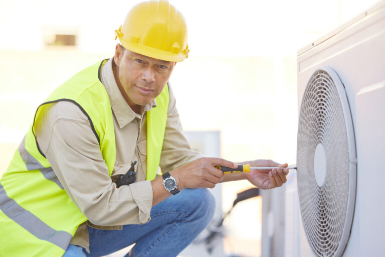 air conditioner repair and portrait of man