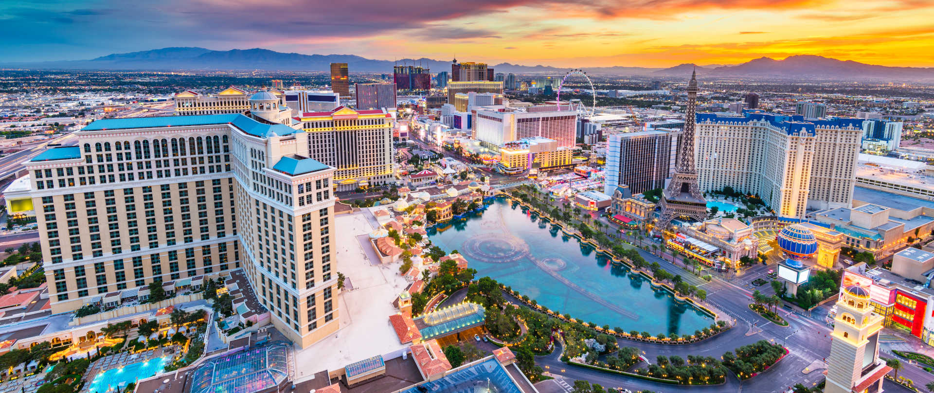 Las vegas skyline with Bellagio Fountains view